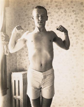 (SNAPSHOTS) Group of 4 photographs of a guy in white shorts posing and flexing for the camera.